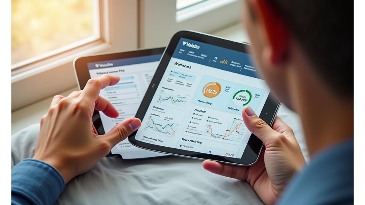 Velaxis Health Co. interactive health dashboard displayed on a tablet, showing graphs for sleep, activity, and nutrition data.