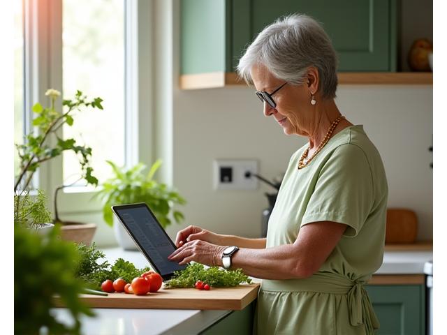 A person confidently preparing a healthy meal in a clean, modern kitchen, following instructions on a tablet.