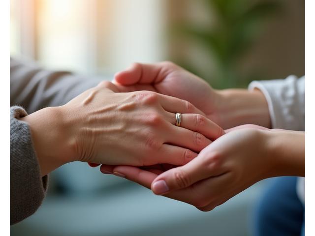 A compassionate hand resting on another hand, symbolizing caregiver support and burnout prevention.