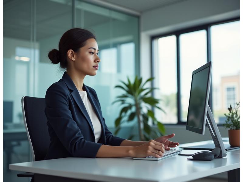A professional individual calmly working at a modern desk, embodying focused productivity and stress management in the workplace.